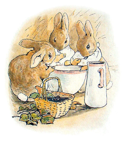 Three rabbits sharing supper beside a basket of blackberries.