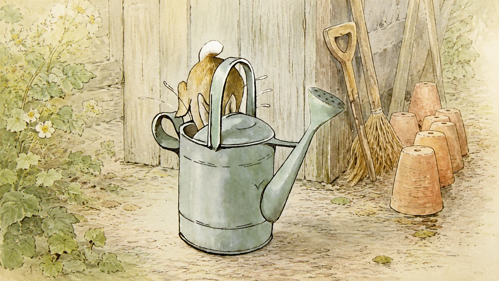 The watering-can scene in a wider setting with a shed wall, pots and garden tools.