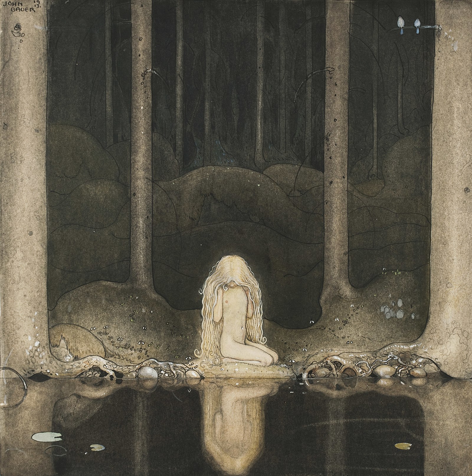 Princess Tuvstarr looks down into the water — John Bauer, 1913. Public domain placeholder.